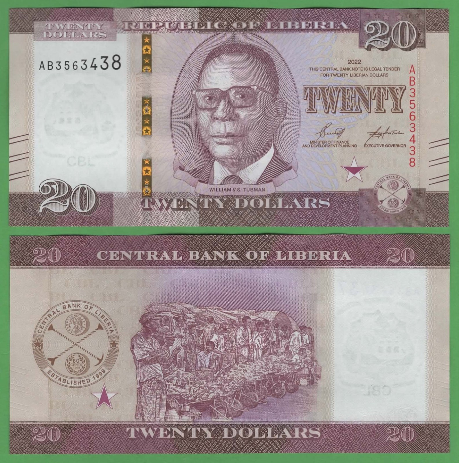 Liberia 20 Dollars 2022 P-39 UNC Tubman Market Scene Banknote