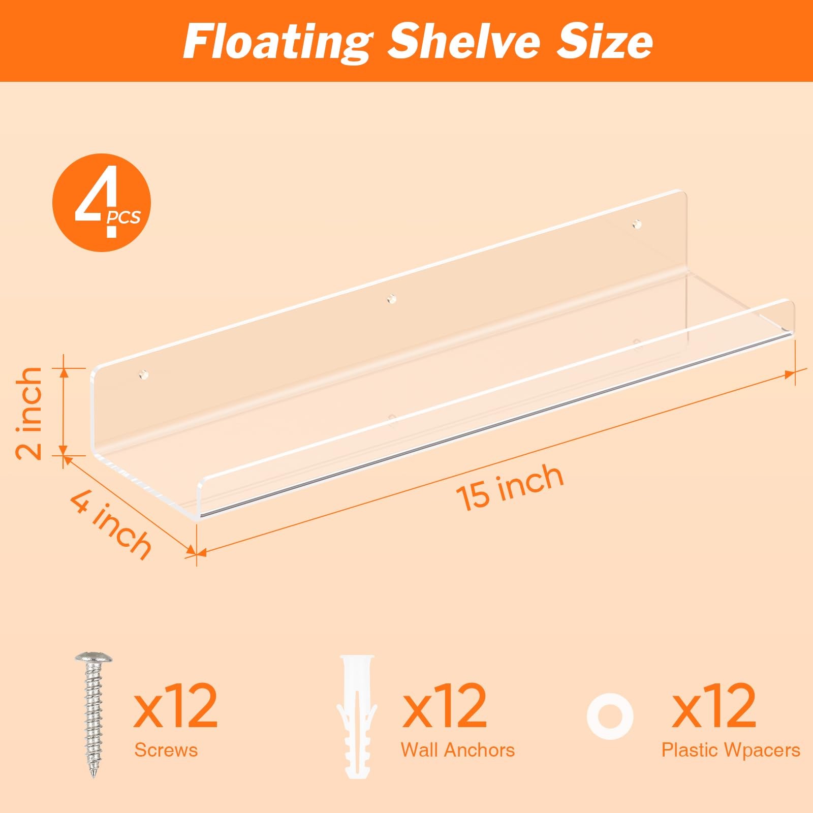 Dooiclear 4 Pack Floating Shelves for Wall, 15" Clear Book 4 Pack,