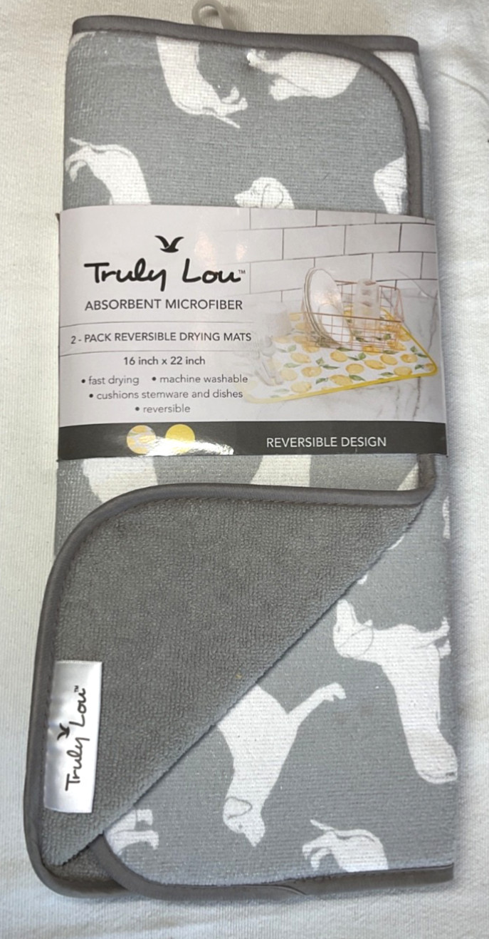 TRULY LOU REVERSIBLE DRYING MATS (2) DOGS GRAY WHITE 16 X 22 POLYESTER  NIP