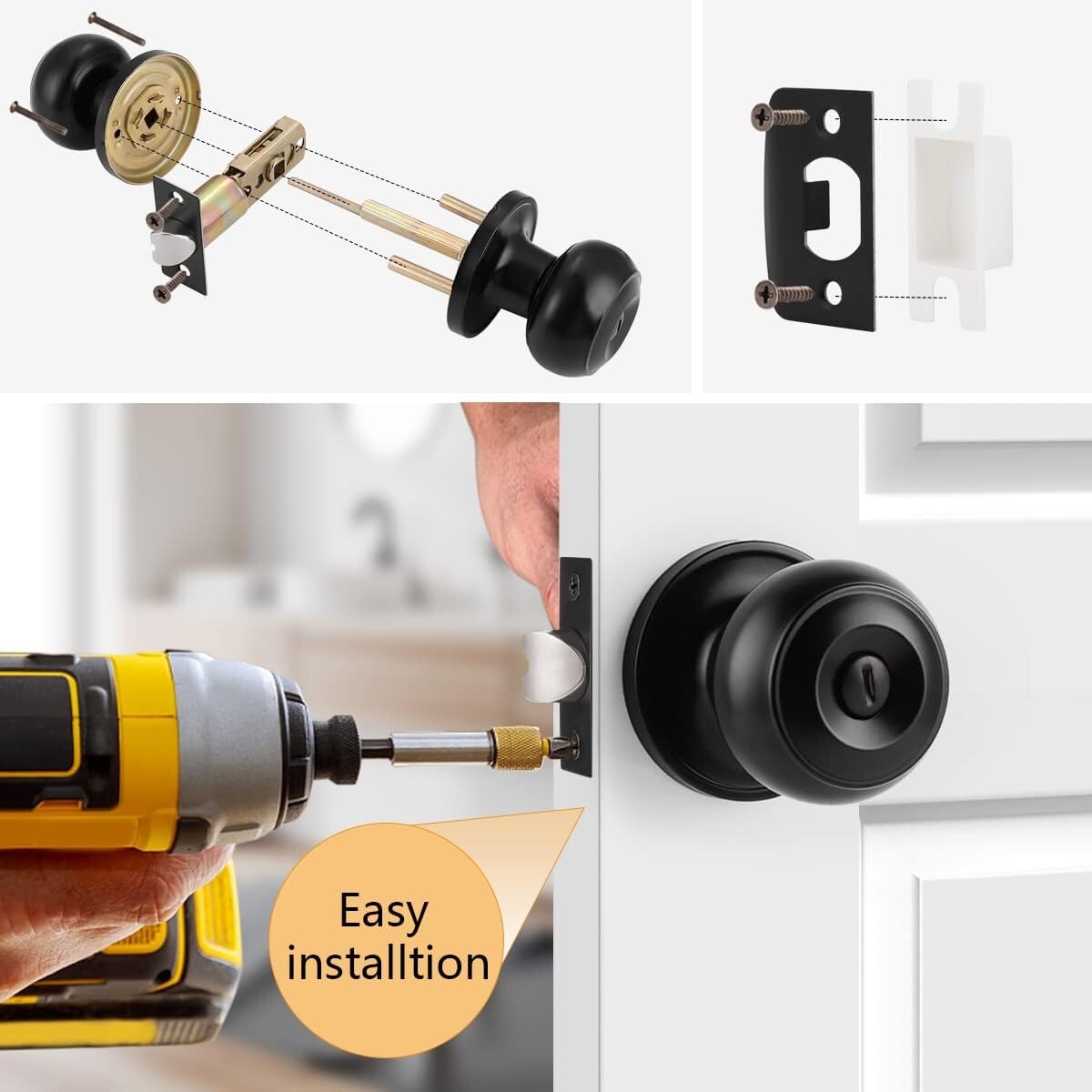 Durable 6 Pack Matte Black Interior Door Knobs - Perfect for Bedrooms/Bathrooms