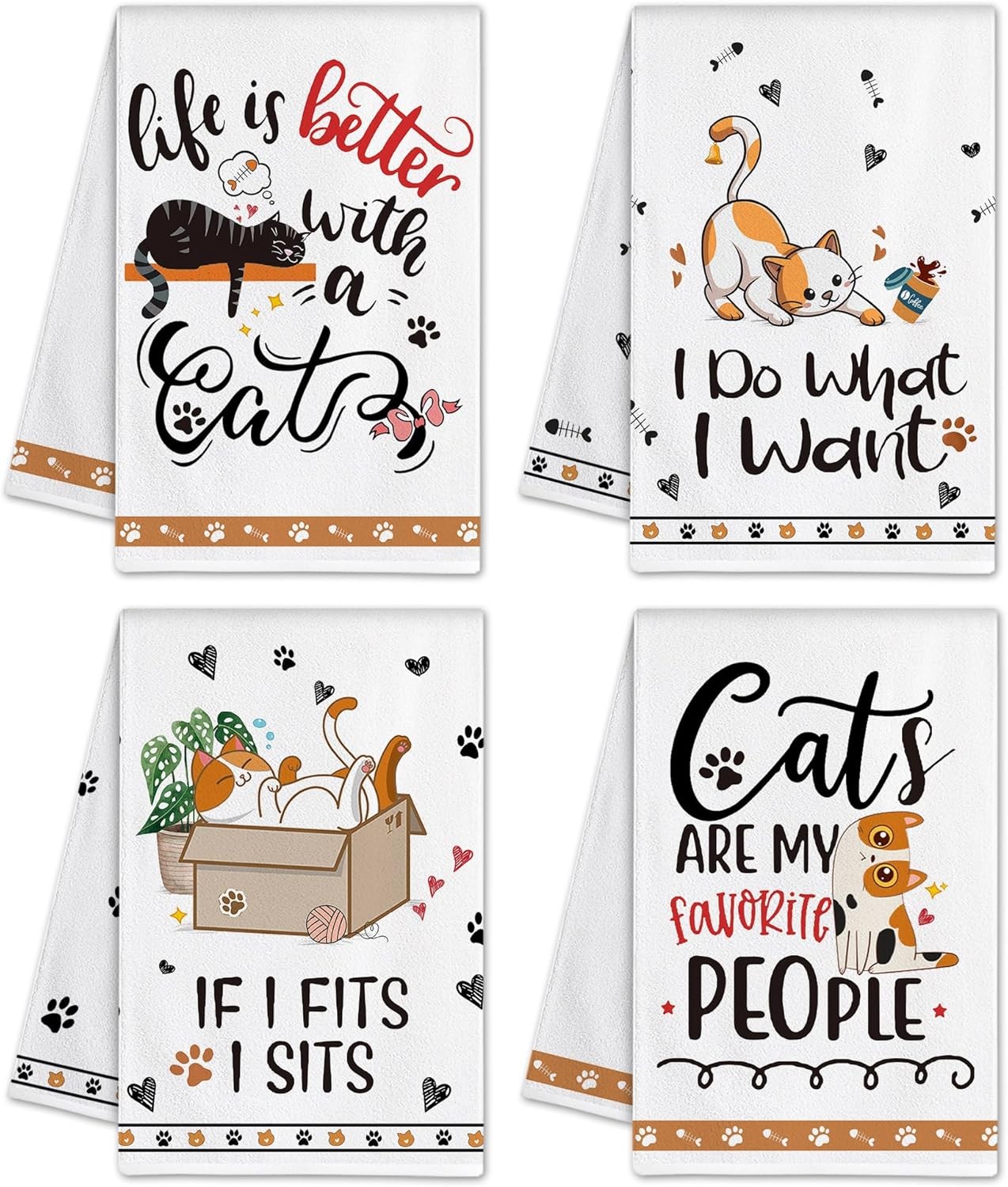 Hexagram Cat Kitchen Towels Set of 4 Funny Cute Dish Towels Gift