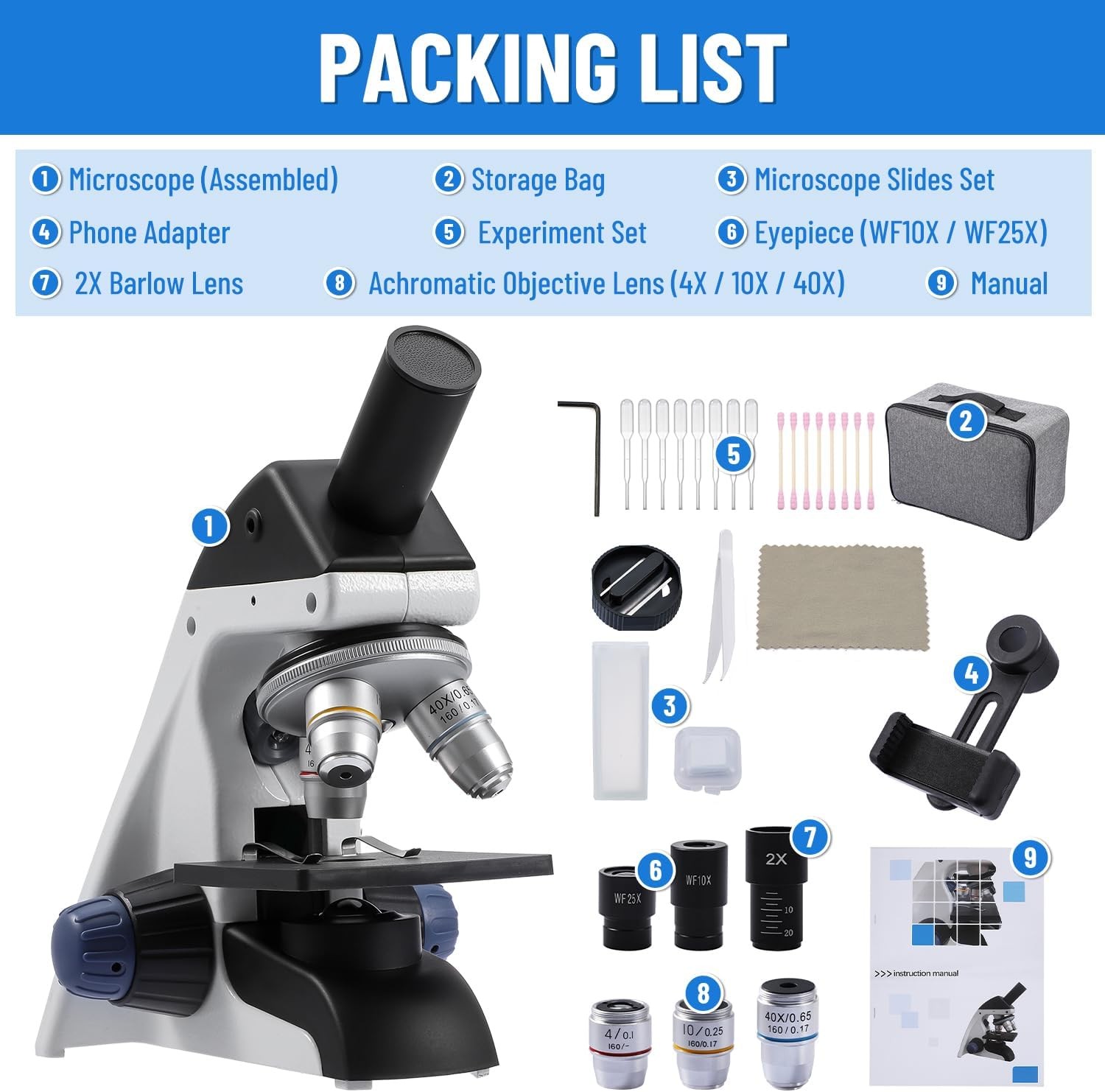 Monocular Compound Microscope 40X-1000X Magnification Lab Biological Microscope
