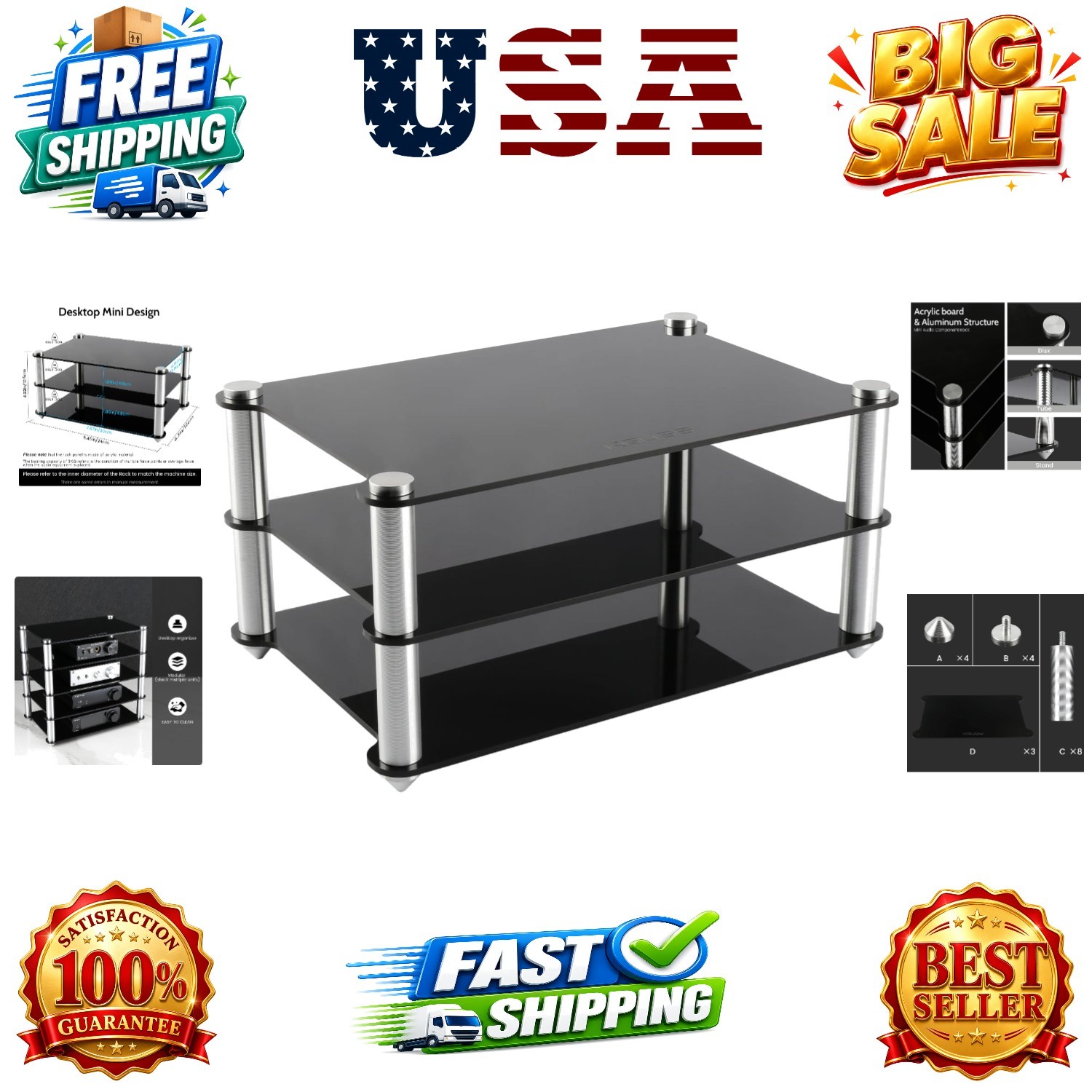 Mini Audio Component Rack Black Acrylic 2-Layer Rack Aluminium Holders Small ...