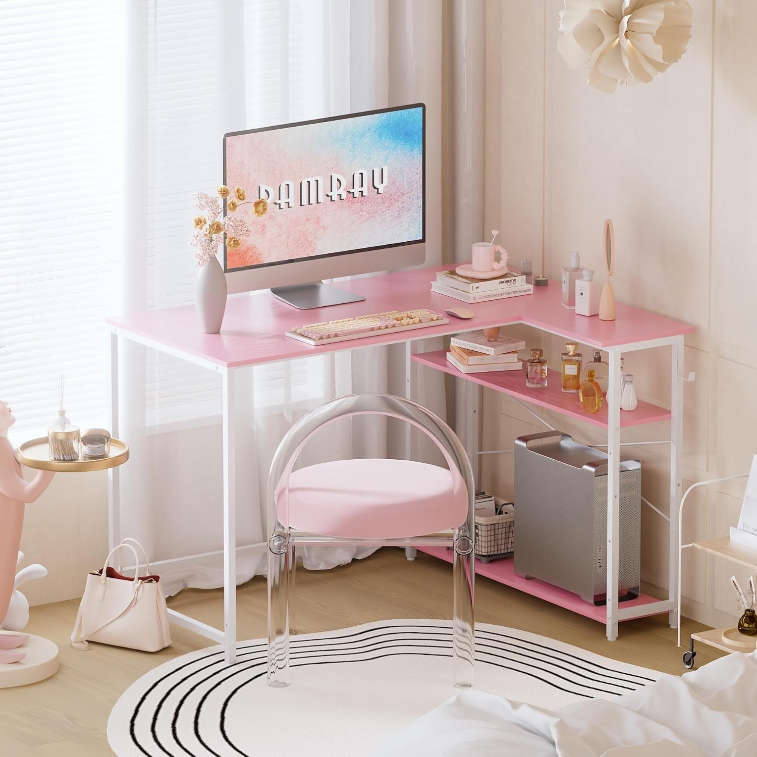 43 Inch L Shaped Computer Desk W/ Reversible Side Storage Shelves Small Corner