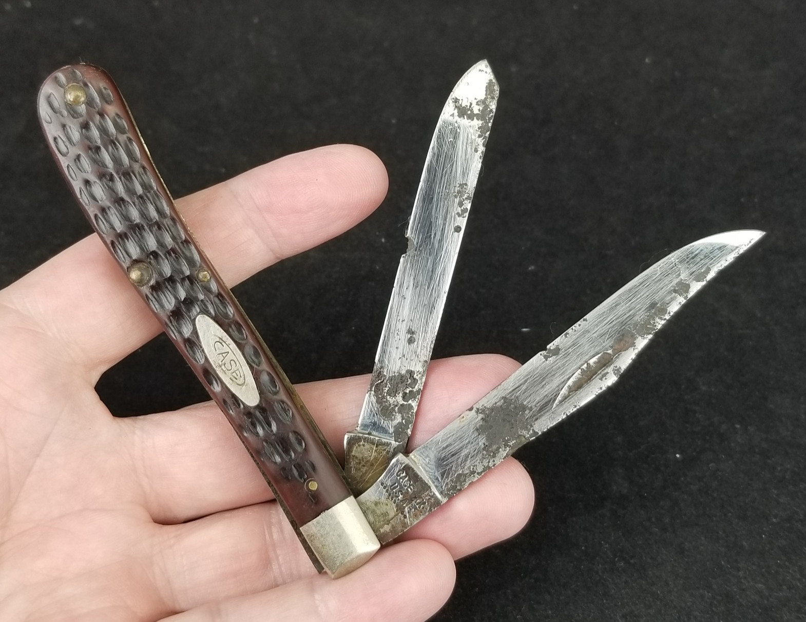 vintage Case XX pocket knife Slim Trapper 1970 jigged delrin DOUBLE BLADE 10 dot