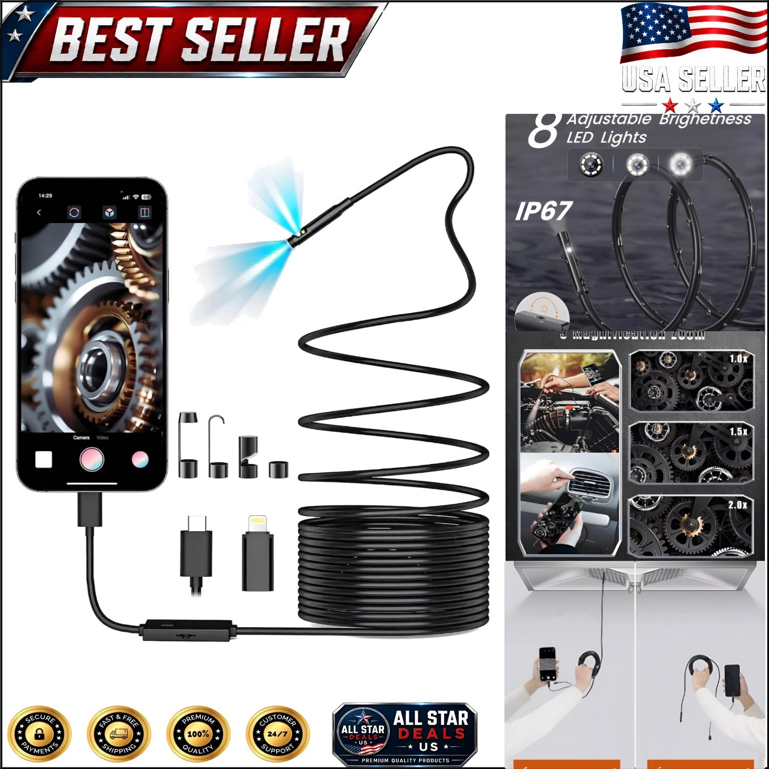 Waterproof Borescope with 16.5ft Semi-Rigid Cable & Dual-Lens Technology