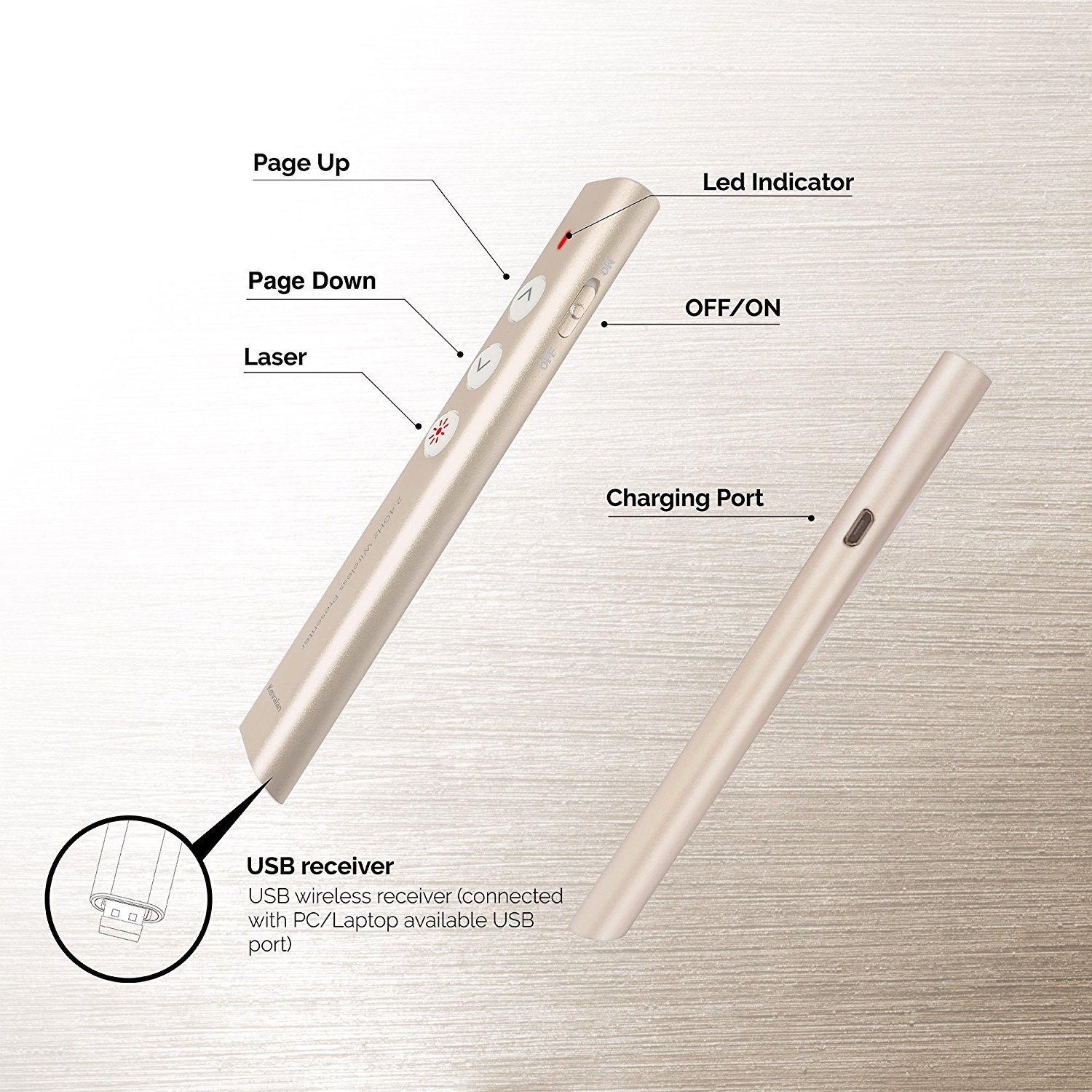 Kavalan Aluminum 2.4G Rechargeable Wireless Presenter Remote Red Pointer , Gold