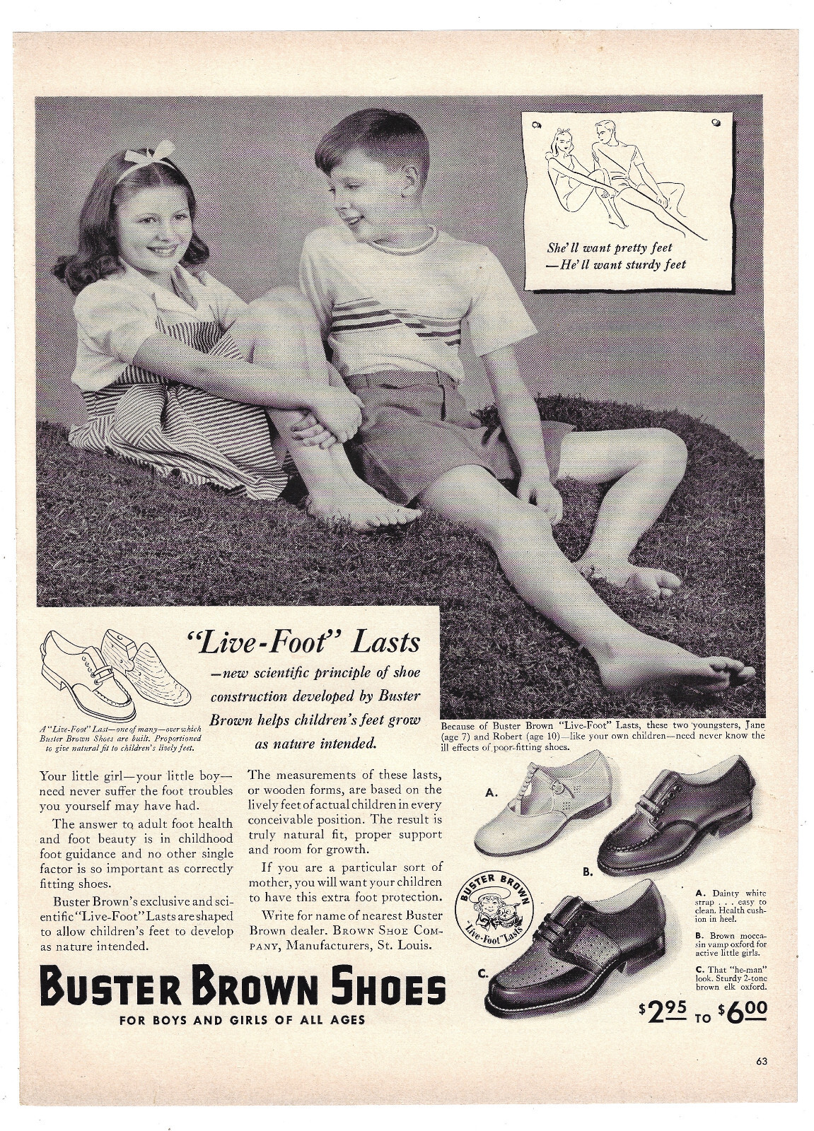 Buster Brown Shoes Print Ad  Shoe Advertising Boy Girl Children St Louis MO 1942