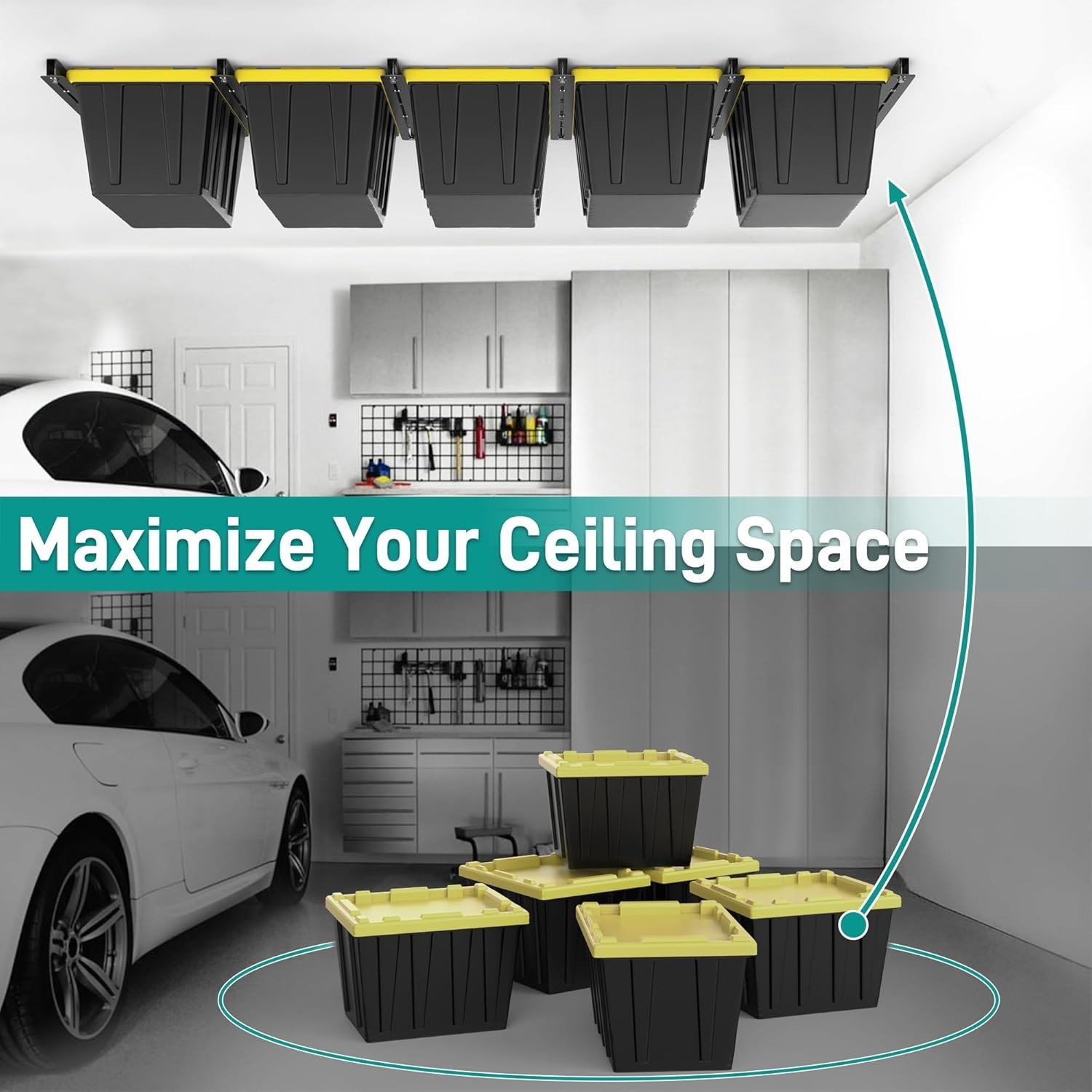 Heavy-Duty Ceiling Storage Rack System - Adjustable and Expandable 4-Bin Design