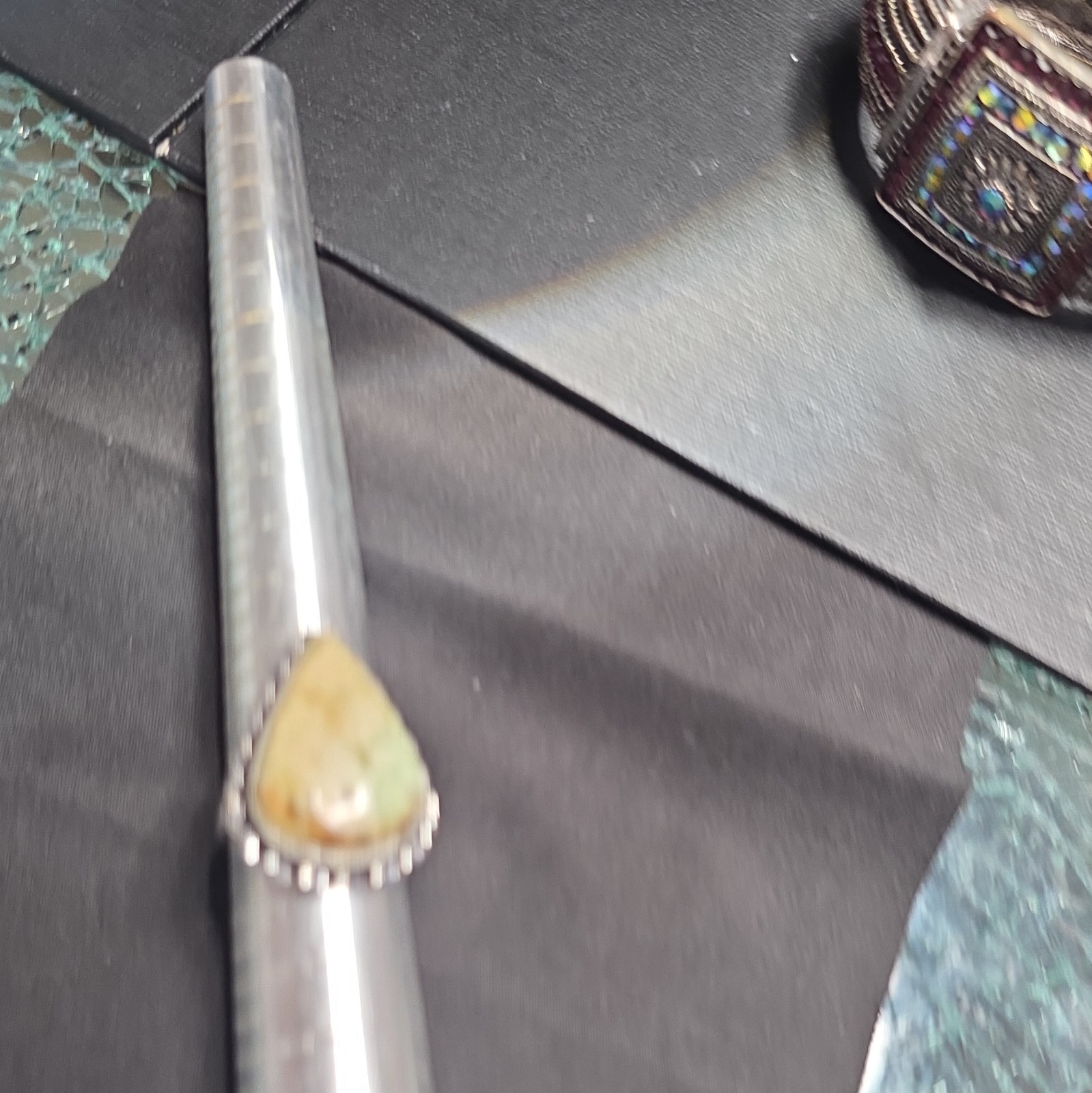 Handcrafted Silver Teardrop Green/Beige Cabochon Bezel Ring Band Size 8