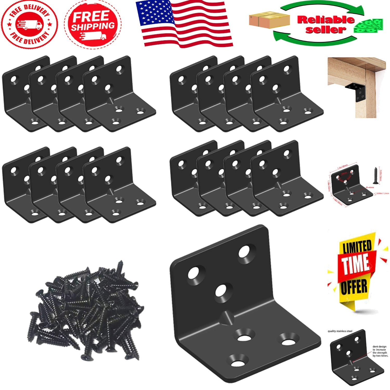 16-Piece Black Stainless Steel Corner Bracket Set - Secure & Stylish Support