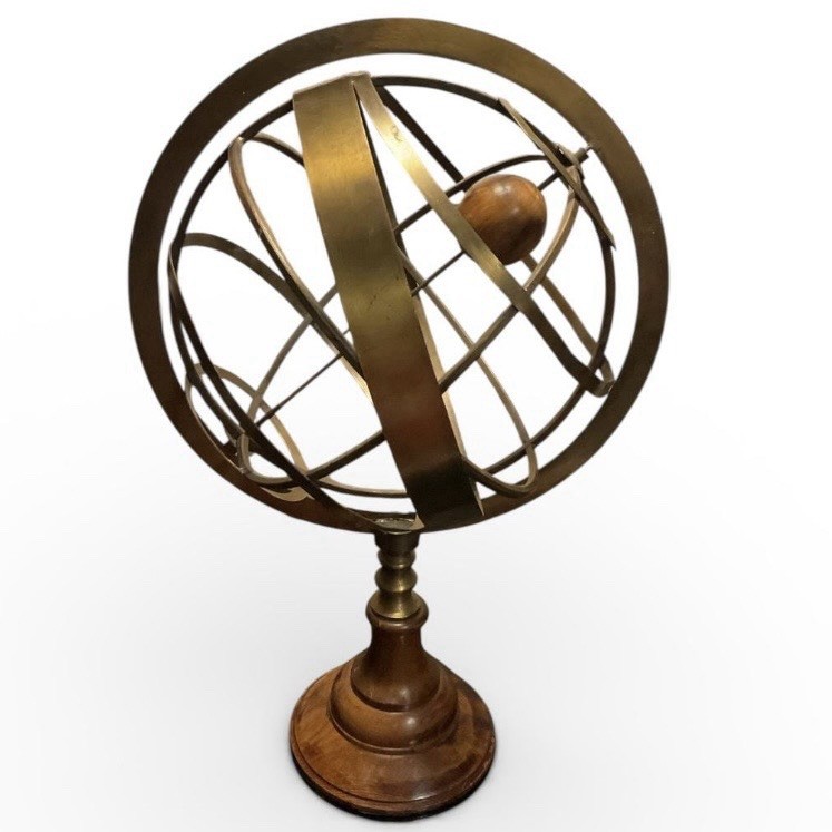 Large VTG Brass Wood Armillary Sphere Globe 20” Celestial Sculpture Library