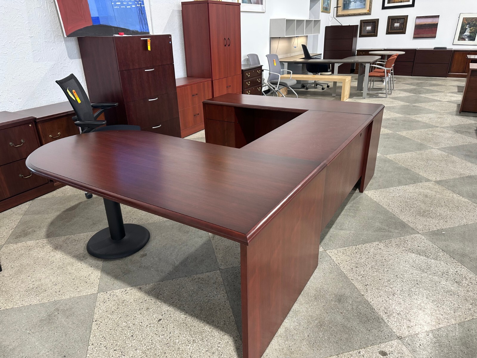 6'Wx8 1/2'D executive Bullet U shape desk by Steelcase in Cherry finish wood