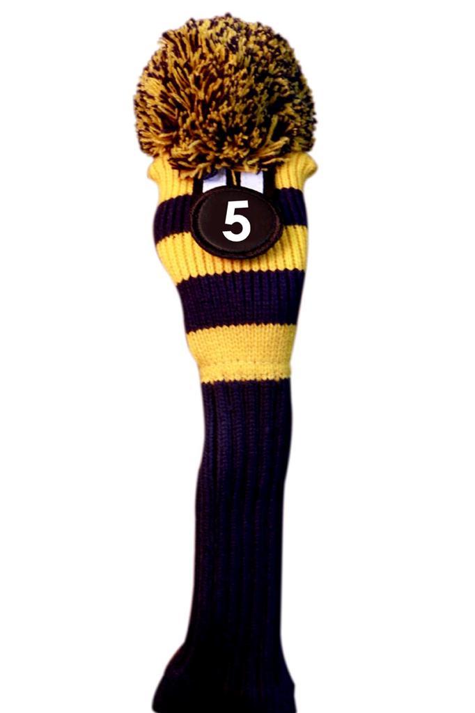 Tour #5 Hybrid Blue Yellow Golf Headcover Knit Pom Pom Retro Classic Head Cover