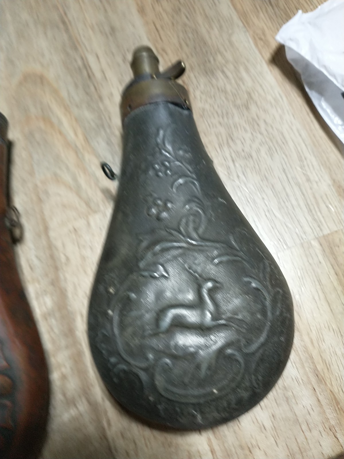 2 PCS Vintage Powder Flasks Shell & Acanthus Pattern & Running Deer FOR DISPLAY