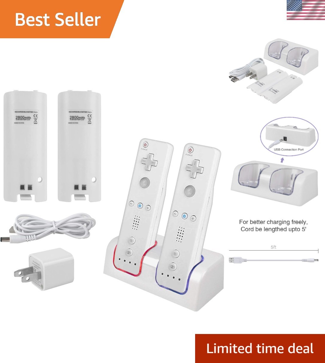 Wii Remote Charger Station with LED Indicator & Extended USB Cord - Eco-Friendly