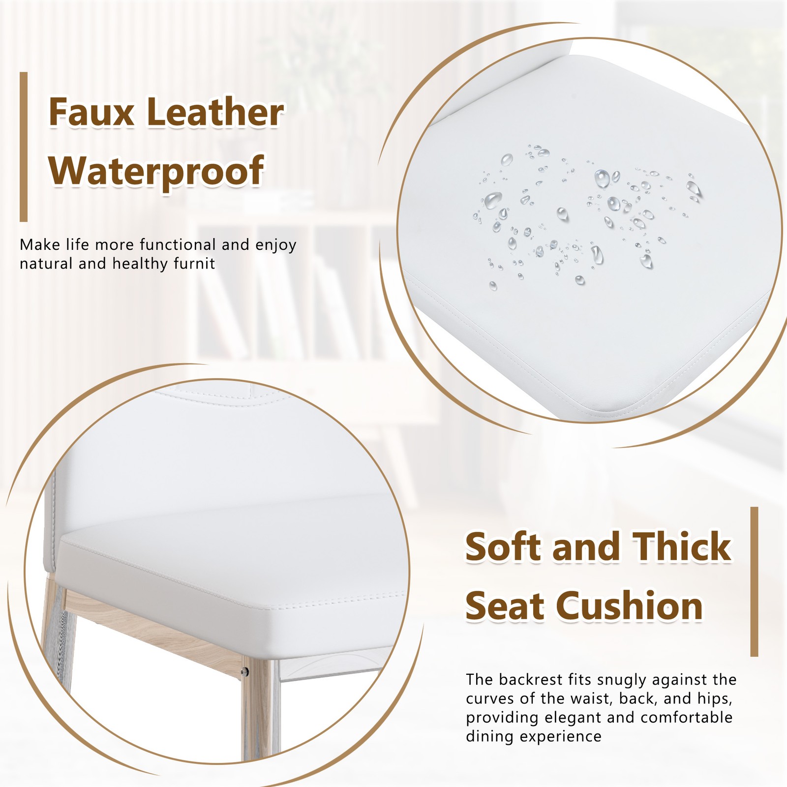Set of 4 Silver White Dining Chairs, 37" High PU Backrest Ergonomic