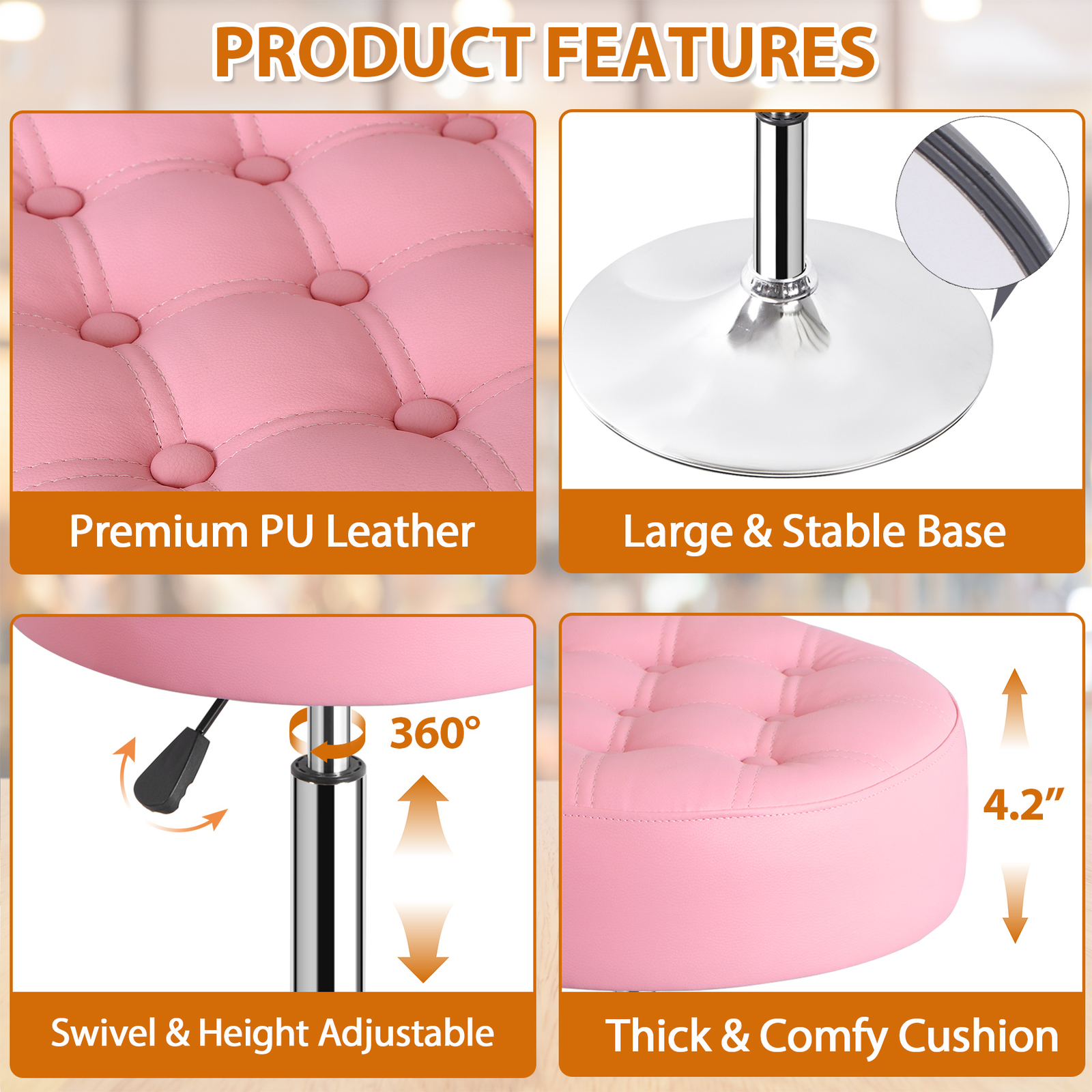 2 PCS Pink Vanity stool for Makeup Room Adjustable Height PU Leather Bar Stool