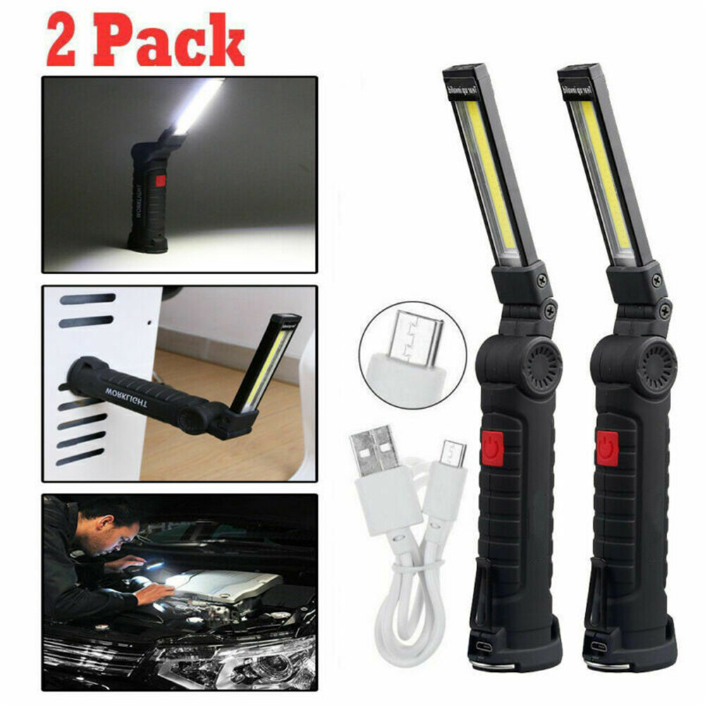 2Sets USB Rechargeable COB LED Work Light Lamp Inspect Folding Torch Flashlight