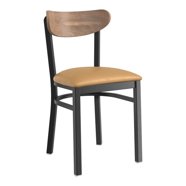 Boomerang Back Metal Dining Chairs with Brown Vinyl Seat and Vintage Wood Back