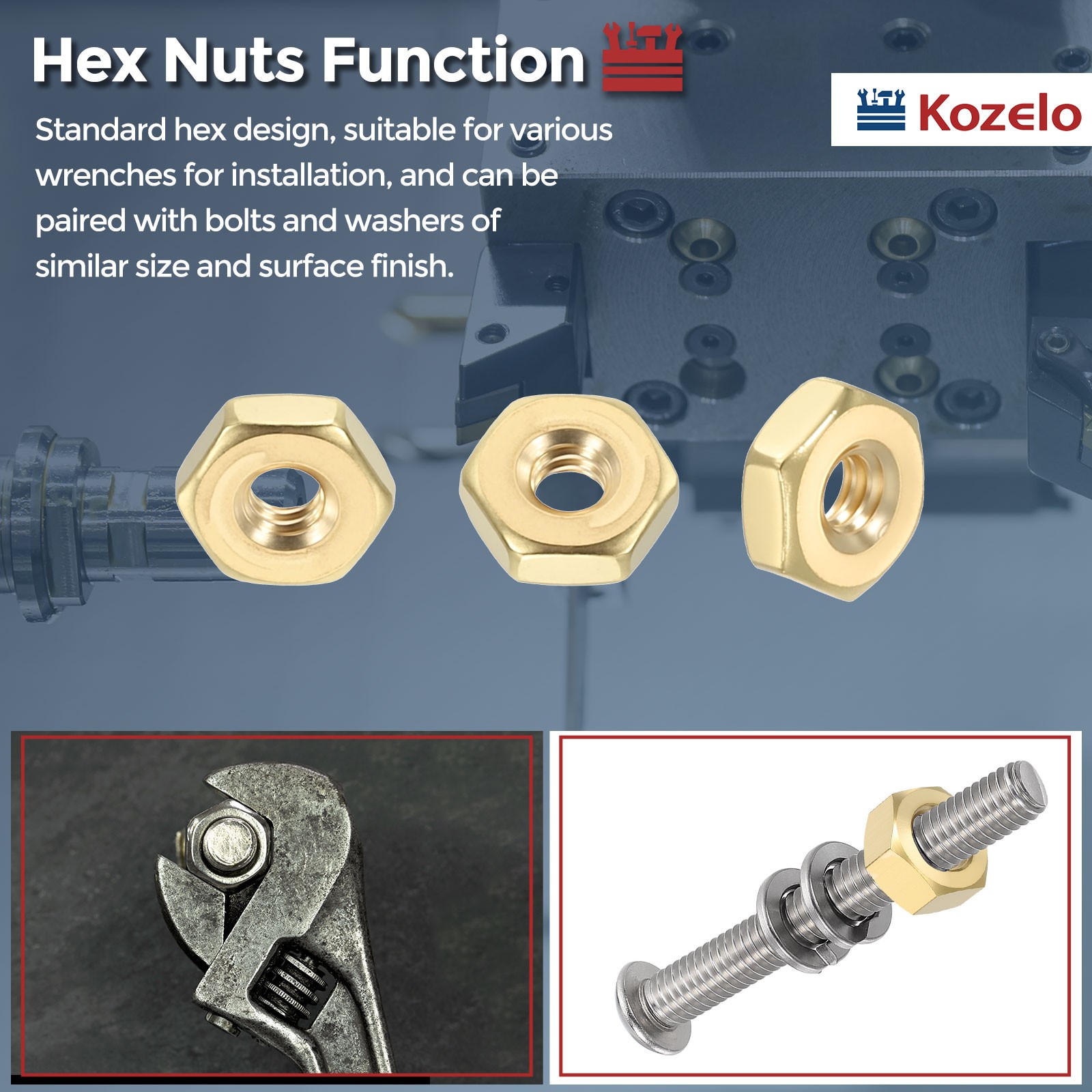 100pcs Hex Nuts - [#2-56] Brass Hardware Nuts, Yellow