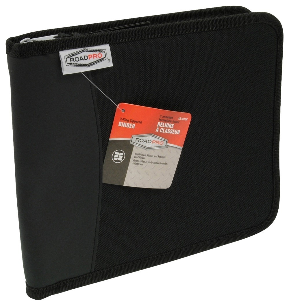RoadPro LB-001BK Zippered 3‑Ring Log Binder Black Document Organizer
