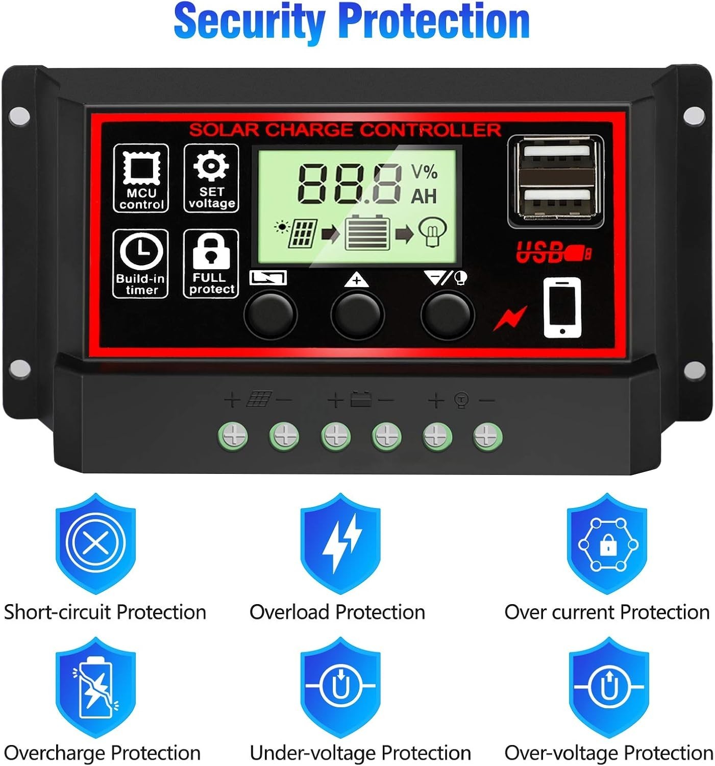 30A PWM Solar Charge Controller with Dual USB & LCD Display for 12V/24V Systems