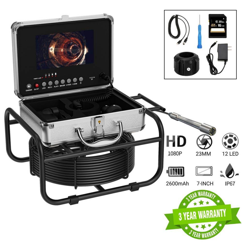 50M Sewer Camera 7" LCD Monitor Drain Waterproof Pipe Inspection Snake Camera