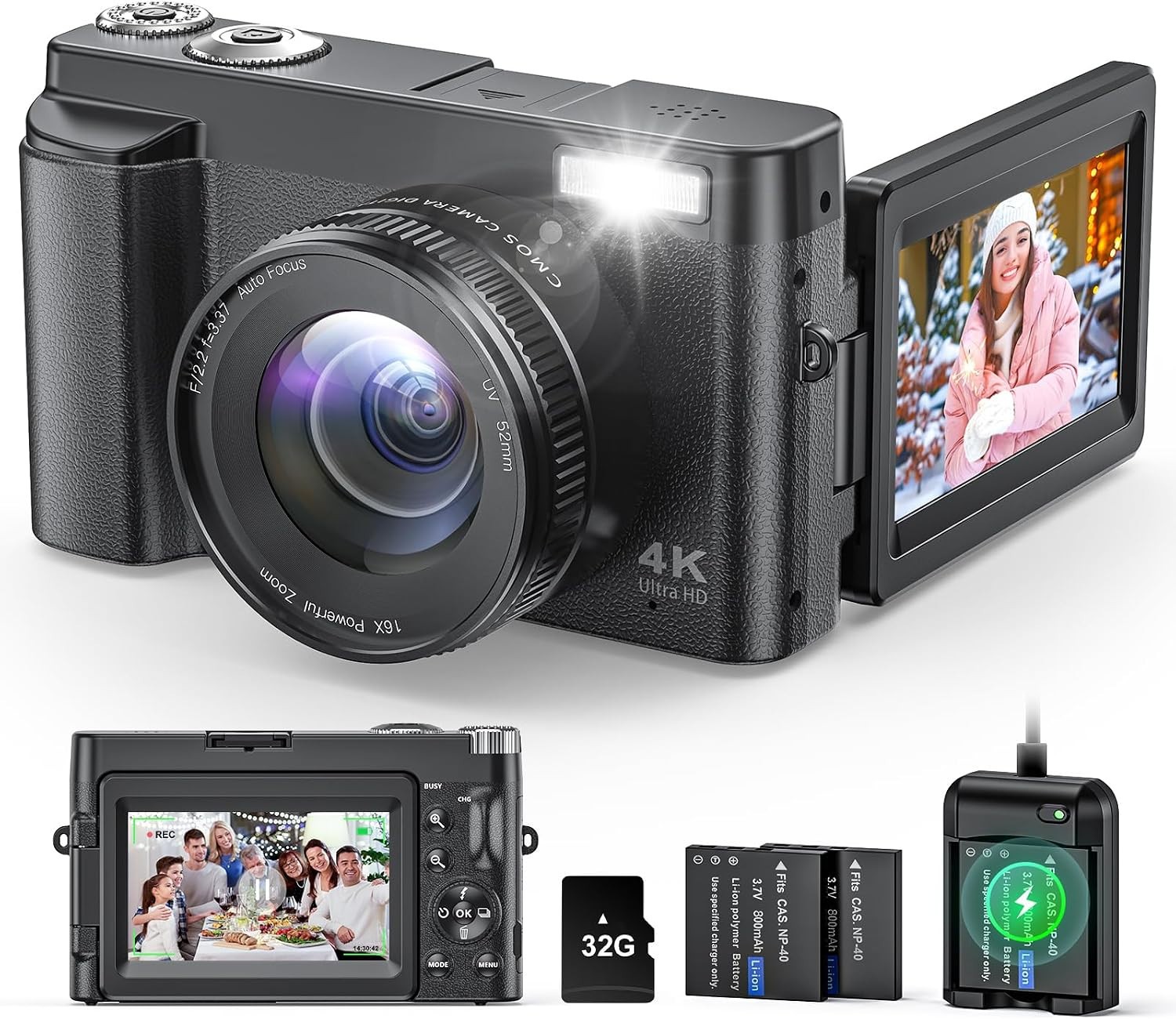 4K Digital Camera for Beginners & Teens Autofocus 48MP 16X Zoom 32G