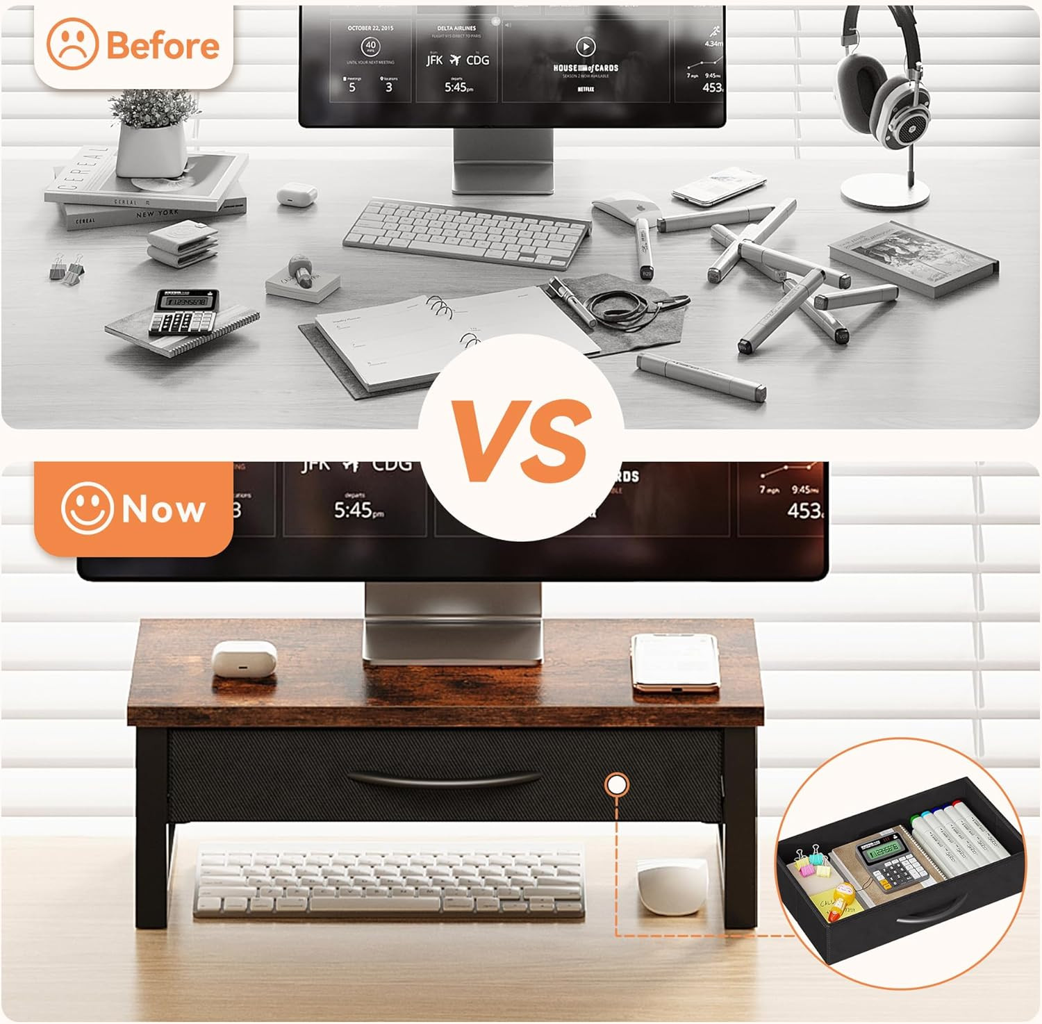 Computer Monitor Stand Riser with Drawer, 2-Tier Desk Accessories & Workspace Or