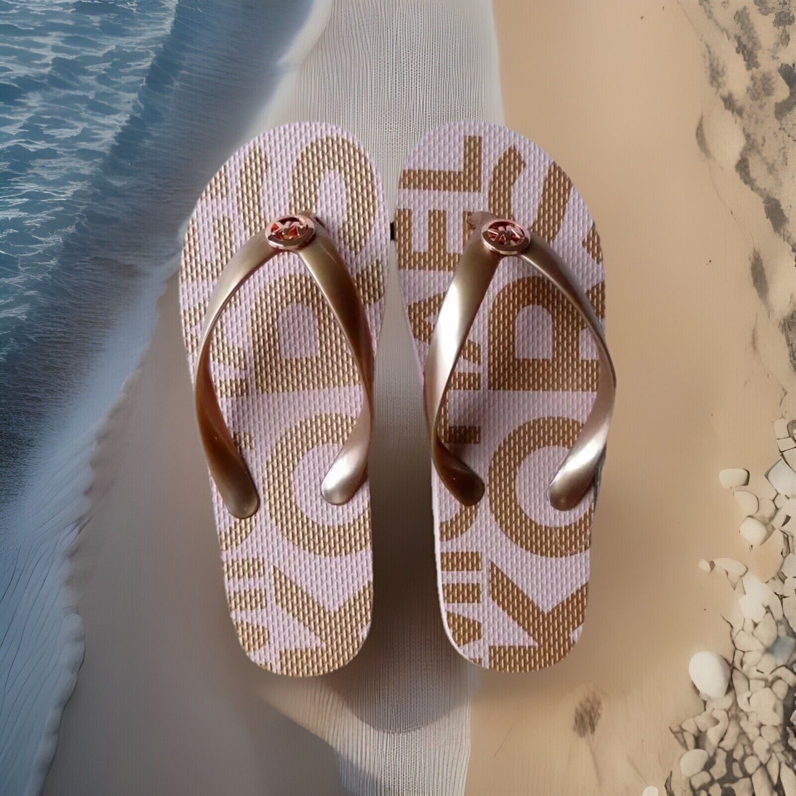 Michael Kors NIB MK Flip Flop PVC/Metallic-Ltr Footbed Powder Blush Choose Size