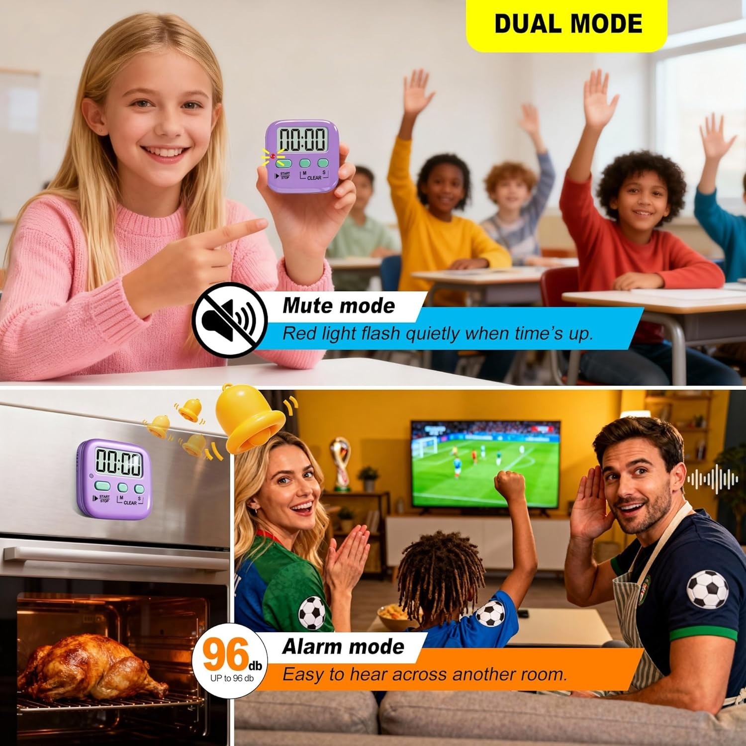 2 Pack Digital Kitchen Timer for Kids - Countdown & Count Up, Loud/Silent Mode