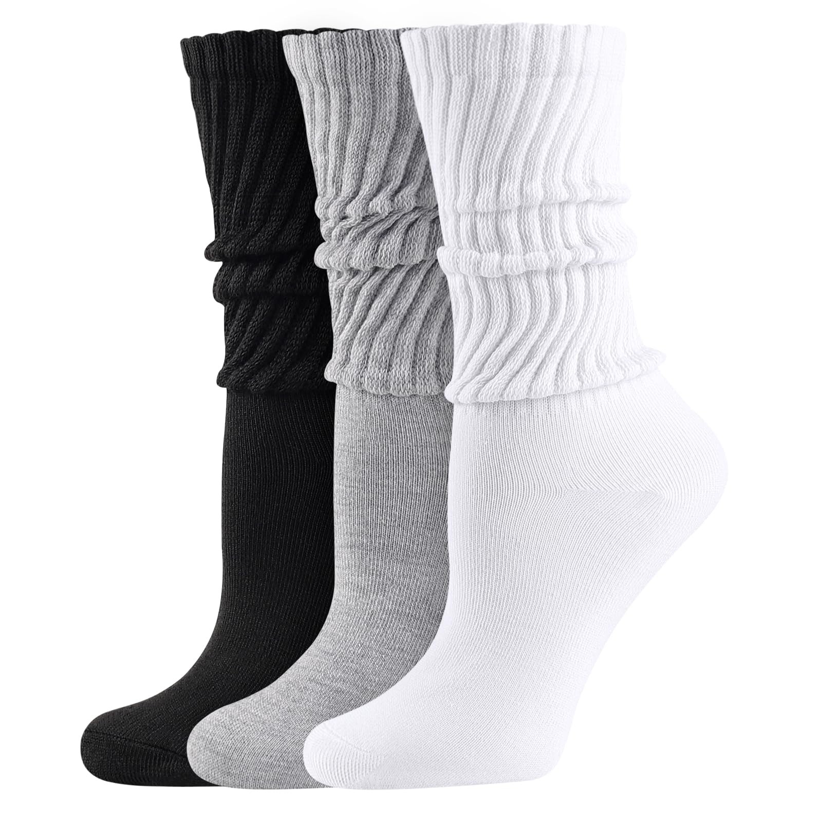 shnn Women's Scrunch Crew Socks Retro 3-Pack Solid One Size, White/Black/Gery