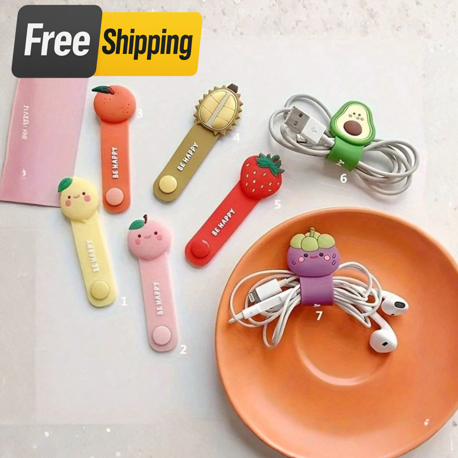 7Pcs Cute Fruit Cable Clips PVC Organizer Cord Holder Earphone Wire Manager USA
