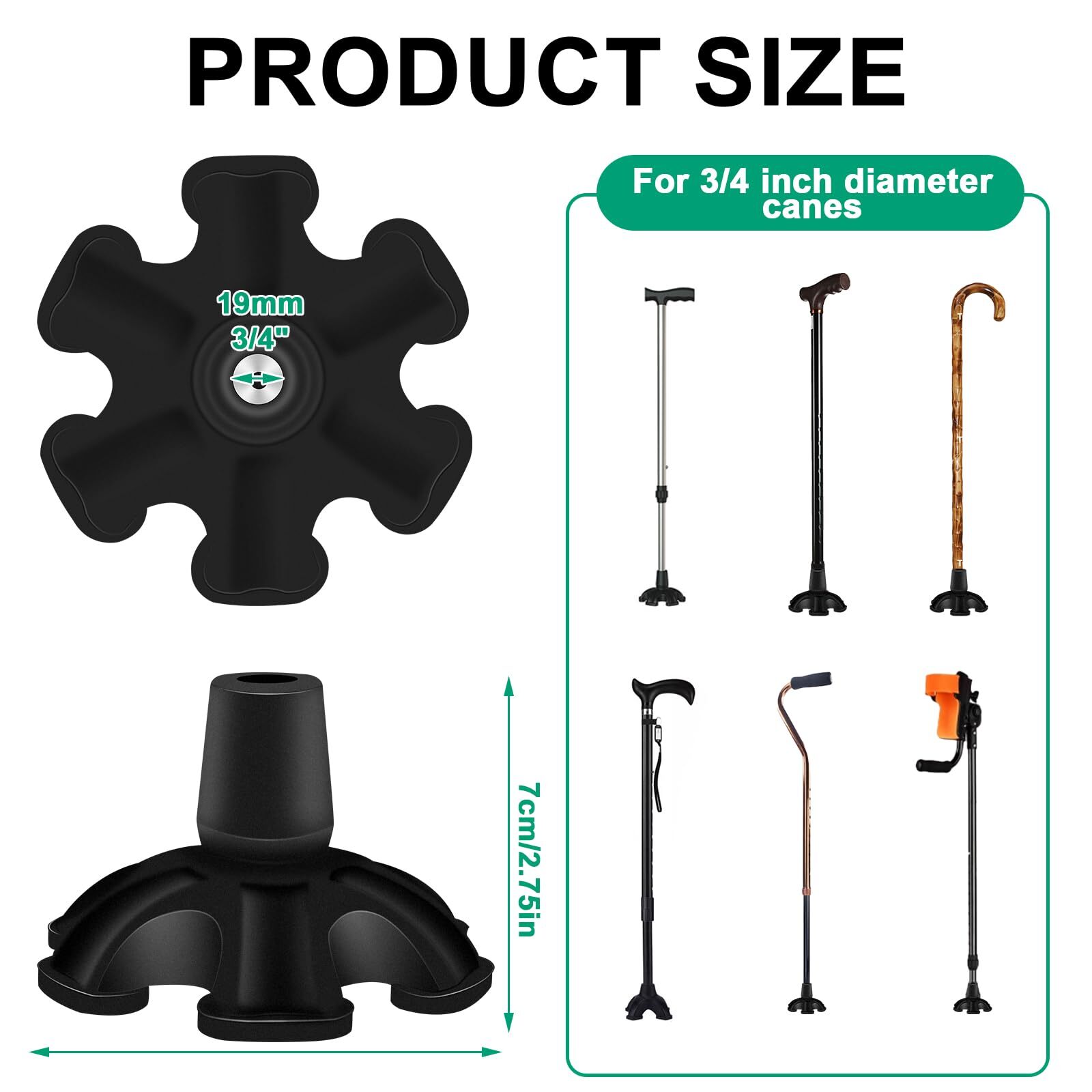 Heavy Duty Rubber Cane Tip 6 Support Feet 3/4 inch Self Standing Walking
