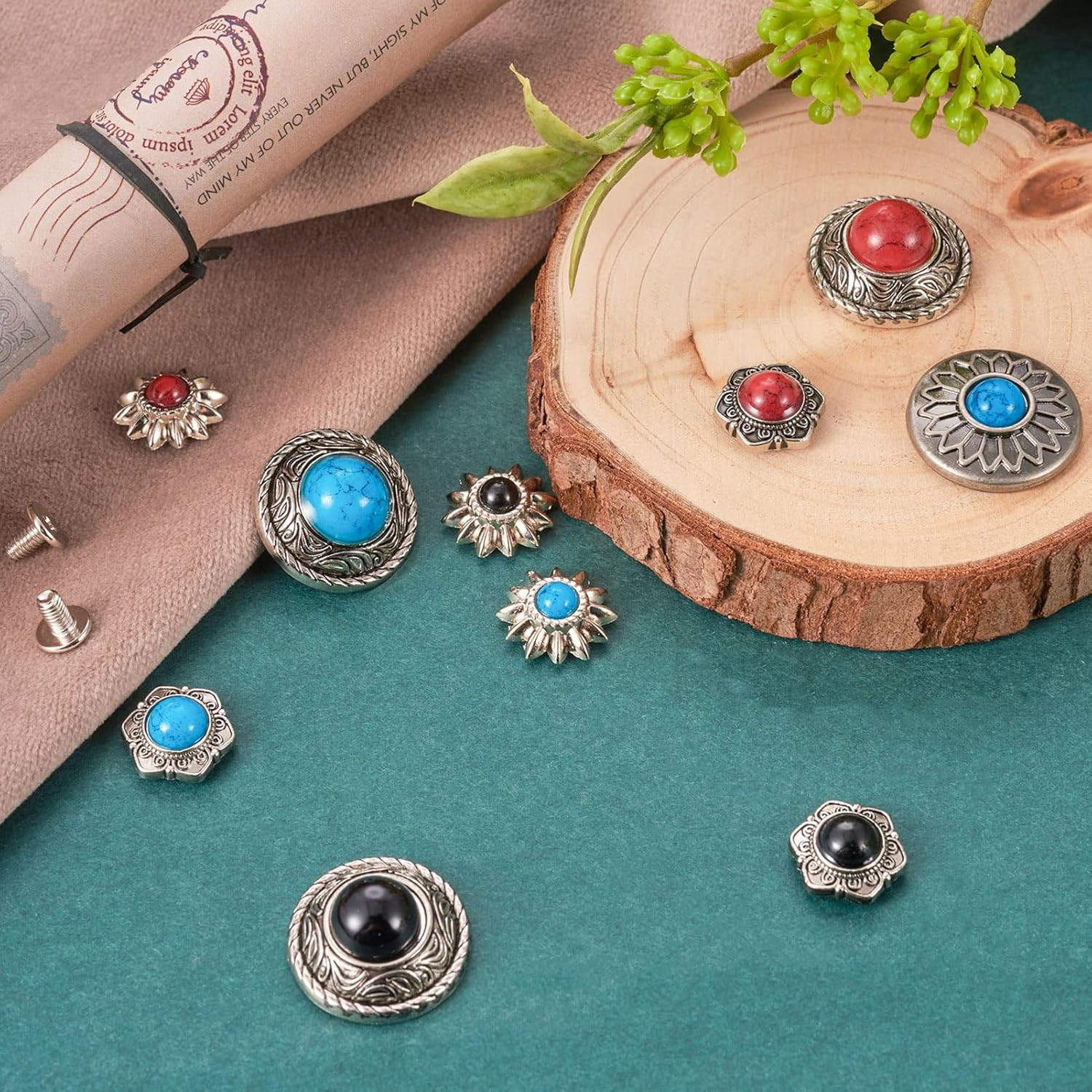 24 Sets Conchos for Leather Sunflower Decorative Rivets Studs 13-20Mm Turquoise