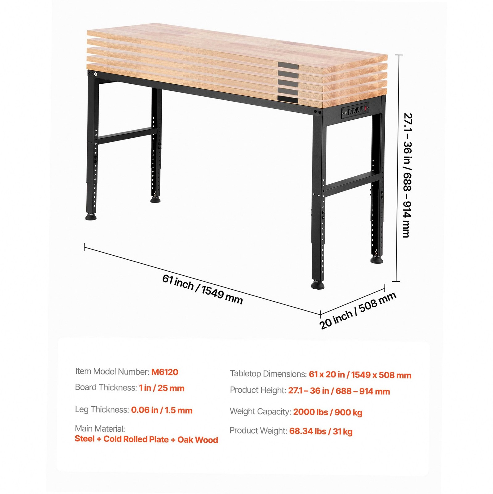 2000lb Workshop Workbench, 61x20in Height Adjust