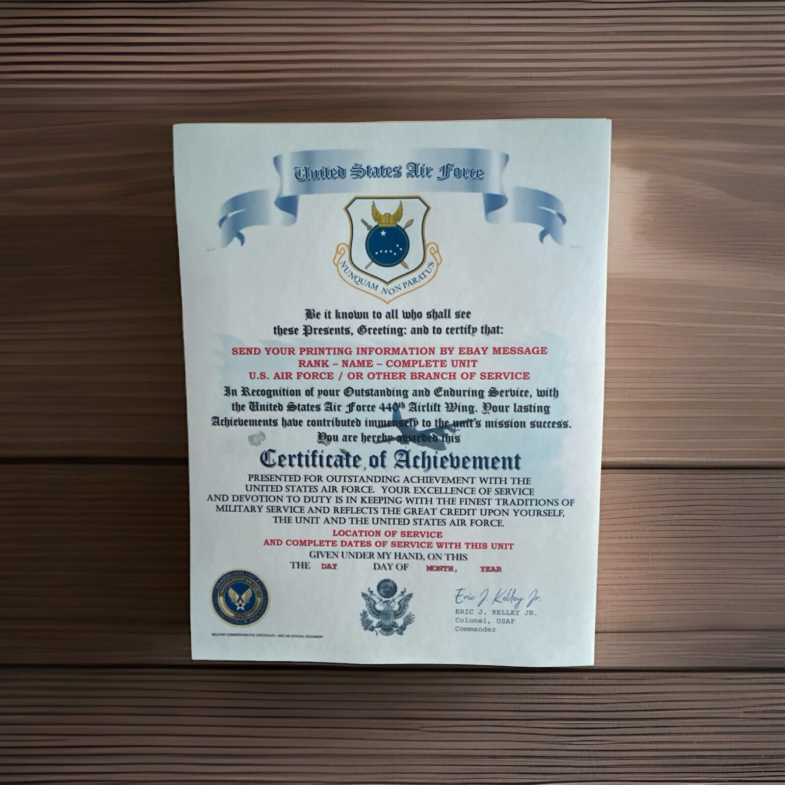 U.S.A.F. / AIR FORCE 440TH AIRLIFT WING - CERTIFICATE OF ACHIEVEMENT