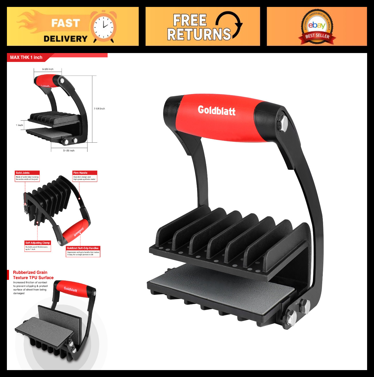 1" Drywall Panel Carrier Handle - Heavy Duty Lifting Tool, One-Handed Grip, 200