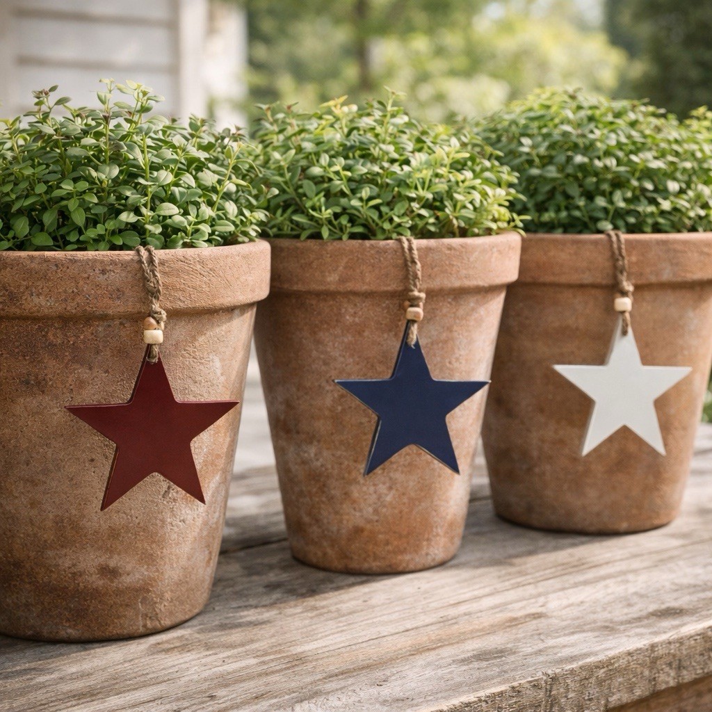 RWB Wooden Star Ornaments Set of 3 4x4x0.25 Patriotic Red White Blue VHC Brands