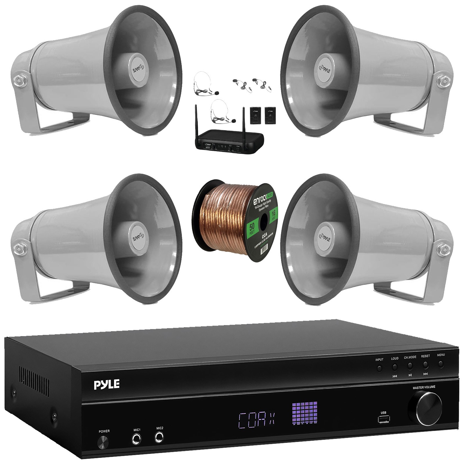 Pyle Home Receiver, 4x 8.1'' Indoor/Outdoor PA Horn Speakers W/ Wireless Mic