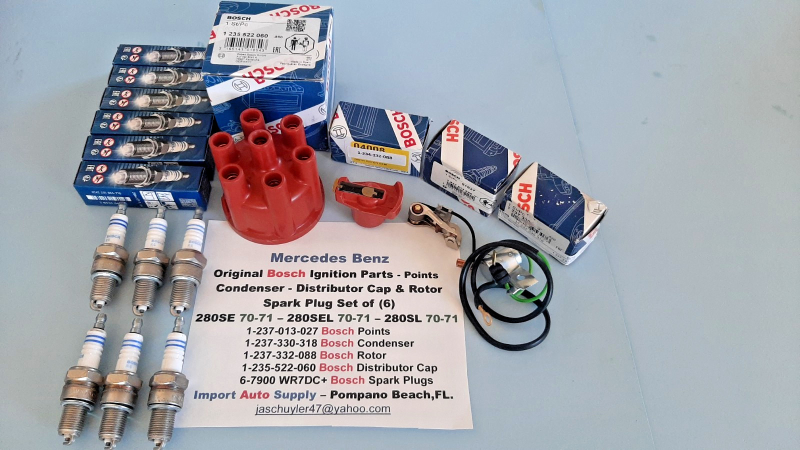 Mercedes Benz 280SL,SE, 70-71 Bosch Distributor Cap, Rotor, Points, Cond. Plugs