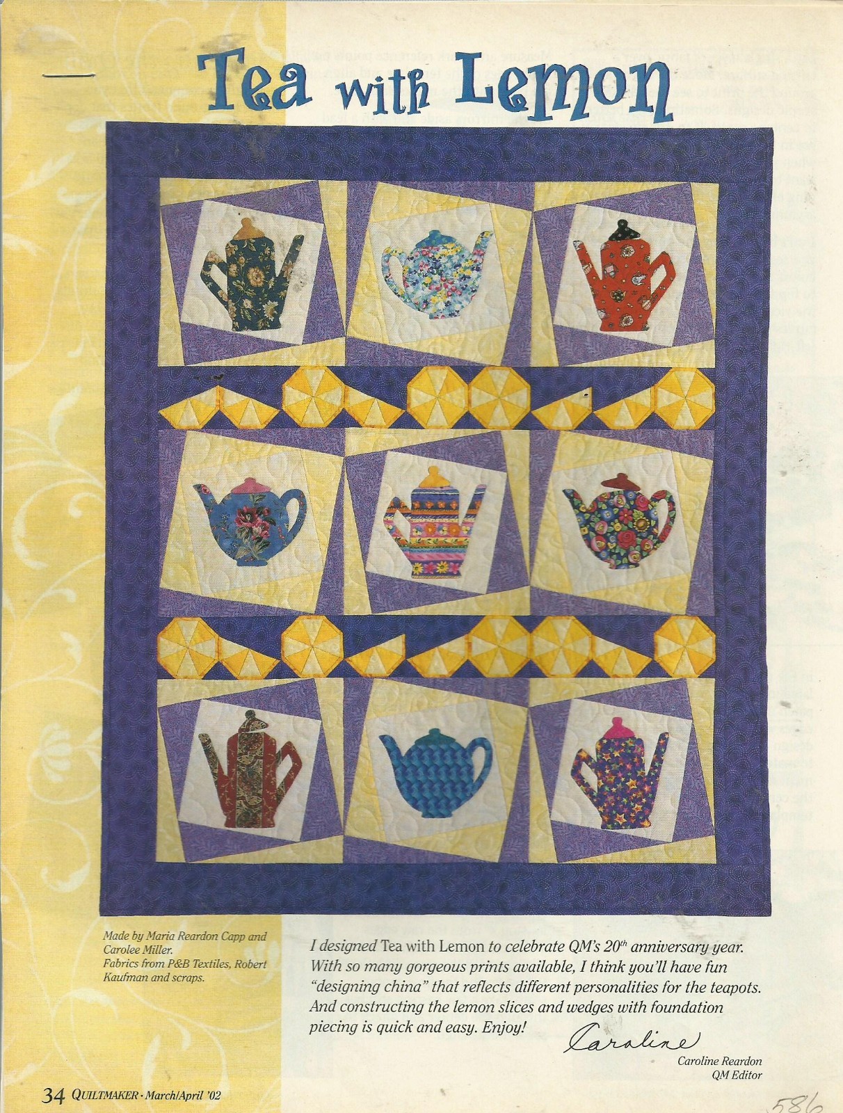 A0084 TEA WITH LEMON WALLHANGING QUILT PATTERN/INSTRUCTIONS