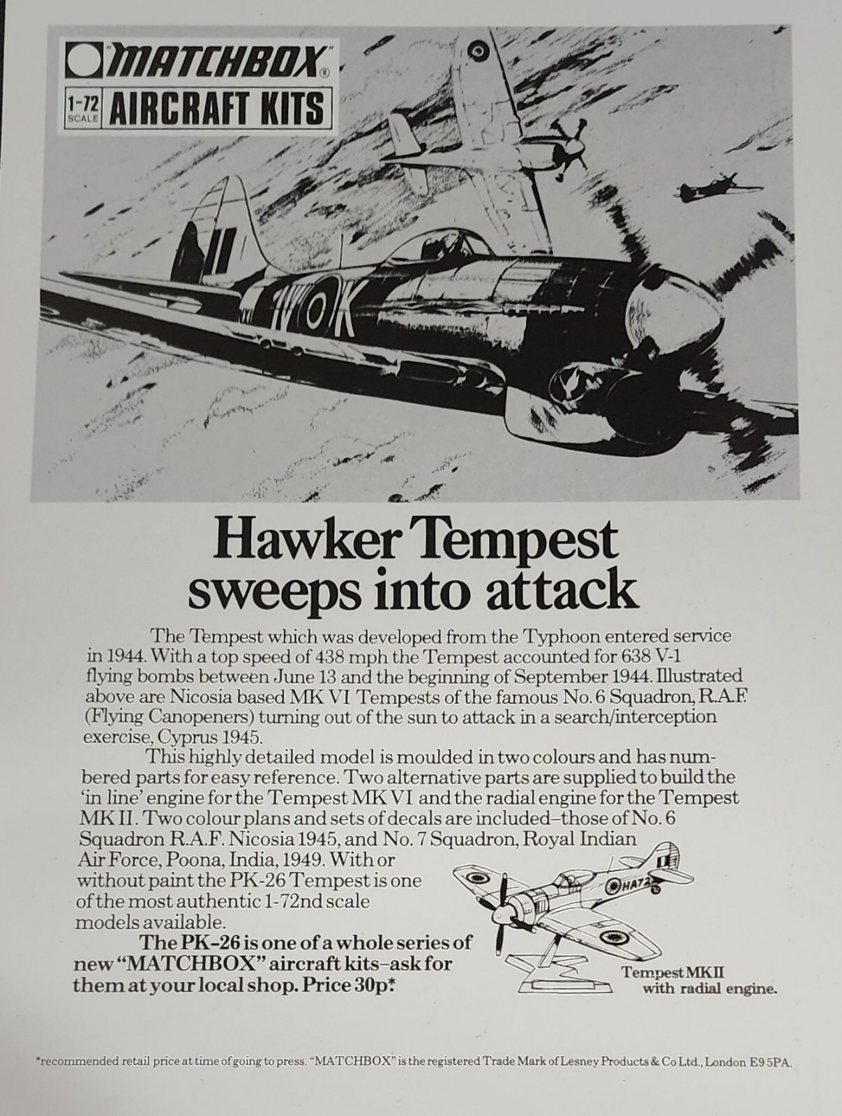 Matchbox Toy Model Kit Hawker Tempest Aircraft Magazine Vtg Picture Ad
