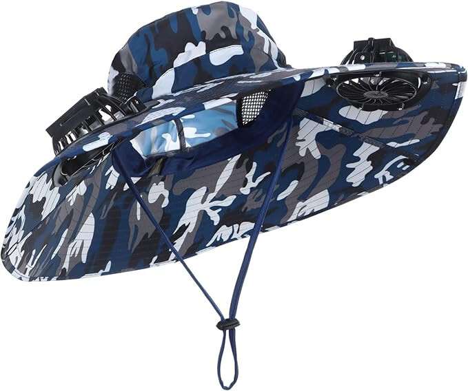 Sun Boonie Hat Wide Brim 2 Fans USB Charging for Fishing Hiking Sport Beach Navy