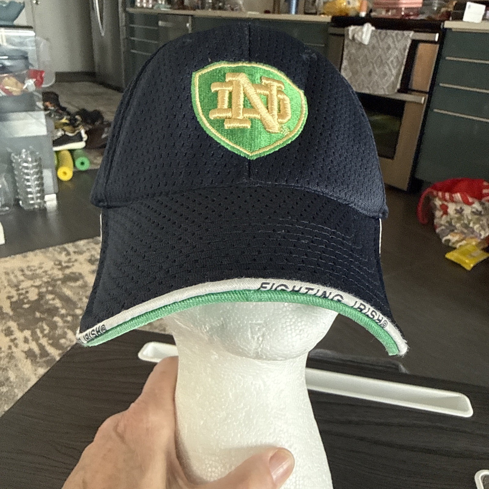 Notre Dame ND Gold Letters on Green Shield on Navy Adidas Hat Cap Hook Loop