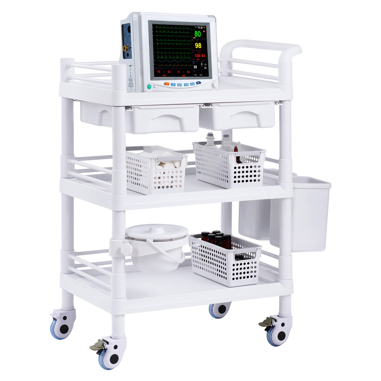 Rolling Lab Cart with 3 Trays & Trash Cans, Mobile Storage Trolley