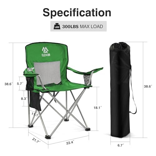 Camping Chair, Portable Folding Outdoor Chair with Arms, Cup Holder and Green