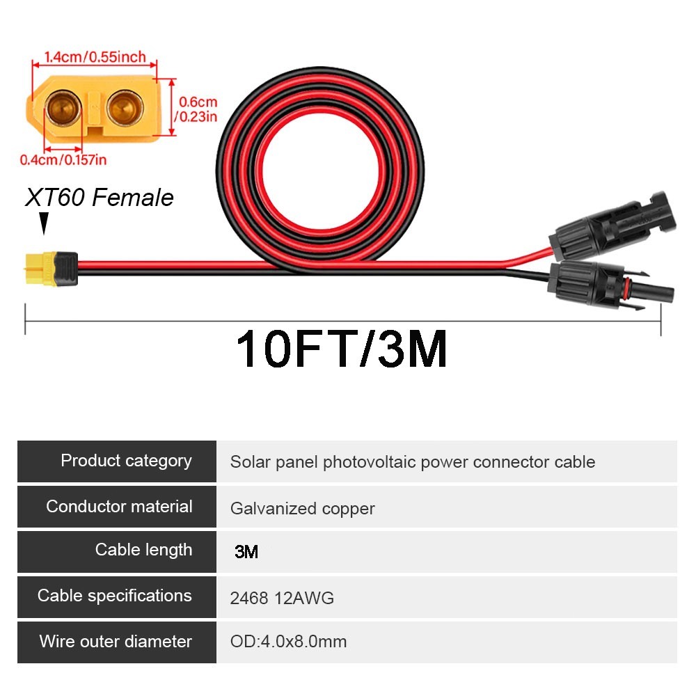 Extension Cable 12AWG solar panel wire red black cable 10ft/3m solar panel cord