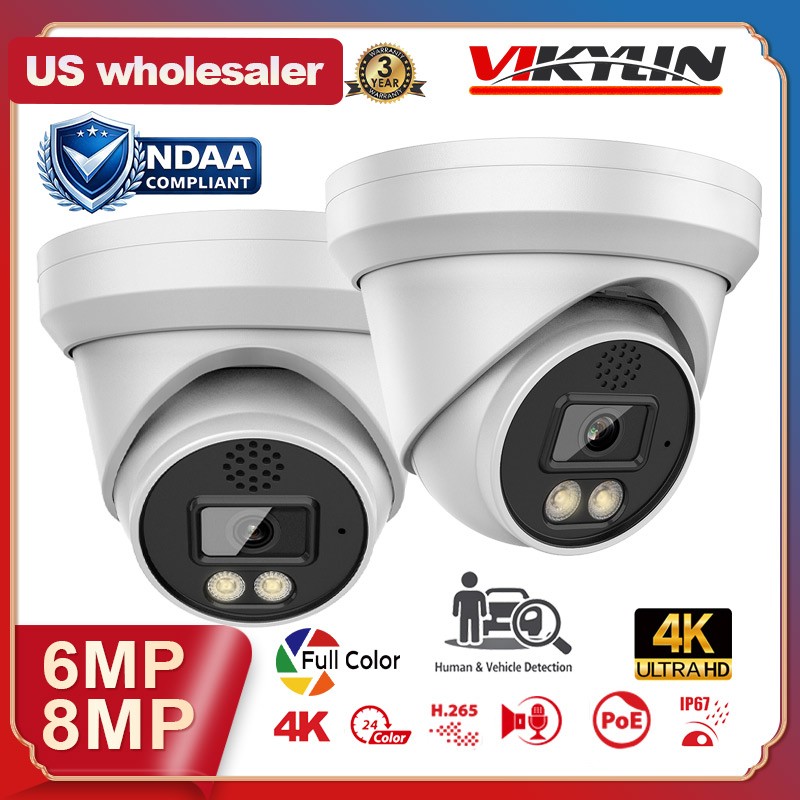 VIKYLIN 4K 8MP 6MP Full Color IP Camera PoE Mic 2-Way Talk Outdoor NDAA Onvif